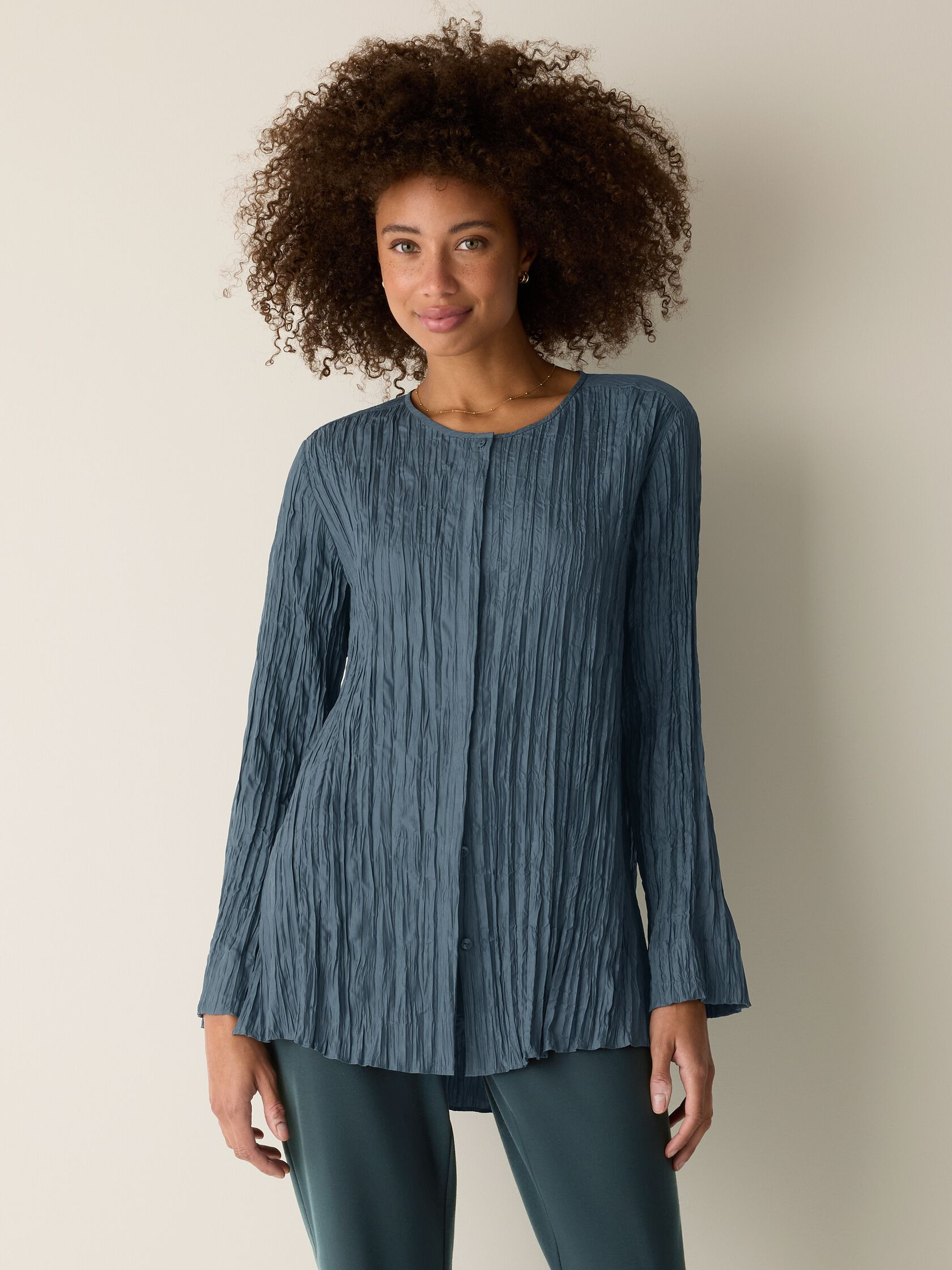 Crinkle Silk Habutai Round Neck Shirt | Eileen Fisher