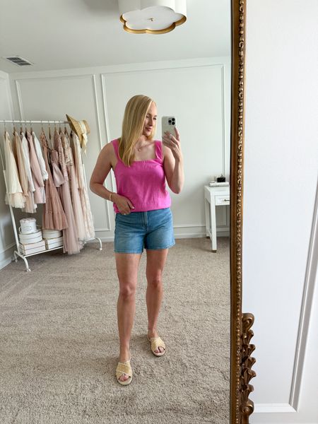 Love the color of this J.Crew Factory top! I have it paired with my Madewell denim shorts for a cute casual vacation look! Wearing size small in the top and size 27 in the shorts. Summer outfits // casual outfits // vacation outfits // denim shorts // shopping outfits // summer sandals // cute sandals // J.Crew sandals // J.Crew Factory 

#LTKTravel #LTKSeasonal #LTKStyleTip