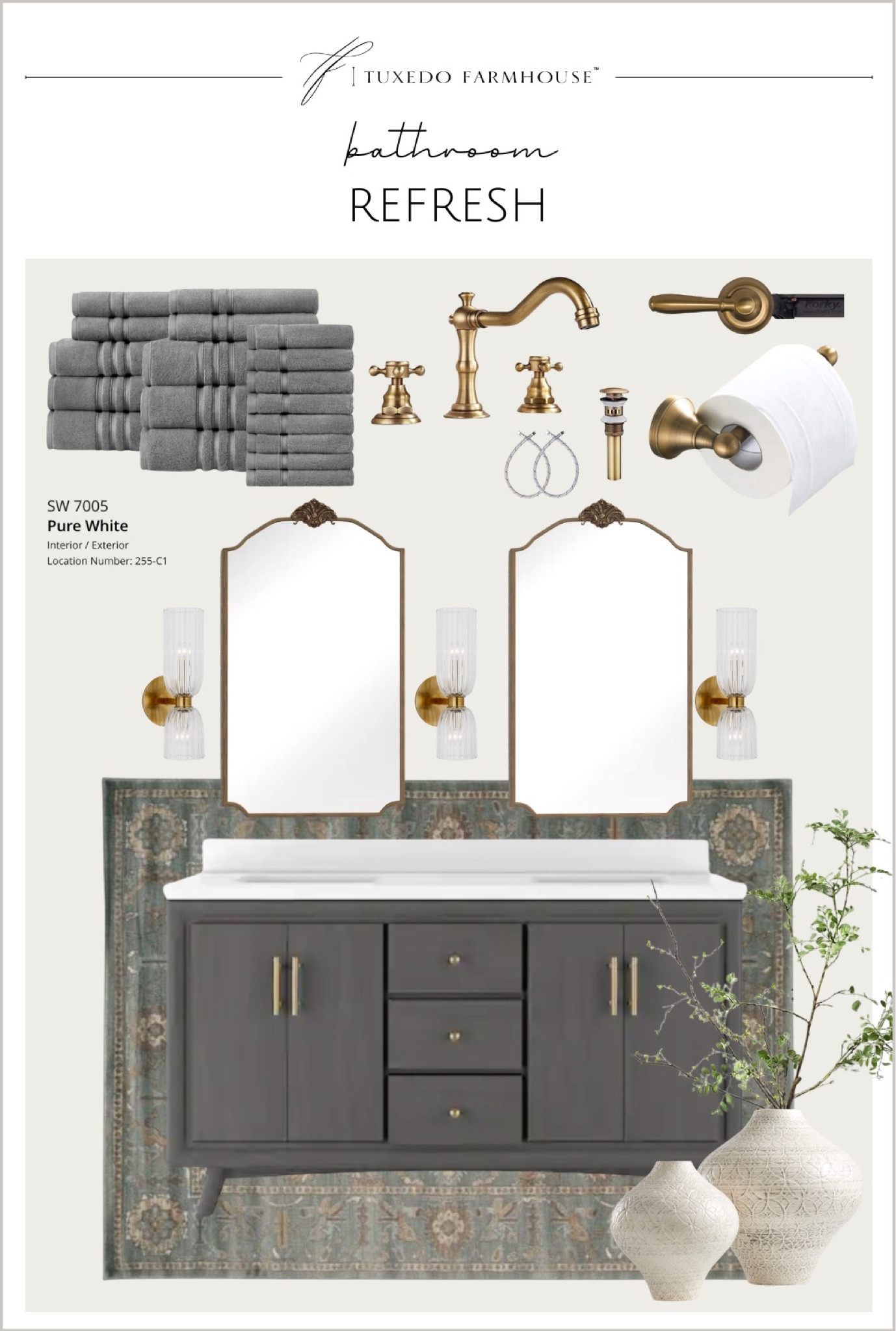 Bathroom refresh with a new vanity, area rug, vanity mirrors, bathroom sconces, bathroom faucets, toilet paper holder, toilet lever, bath towels  

#LTKhome #LTKSeasonal #LTKFind