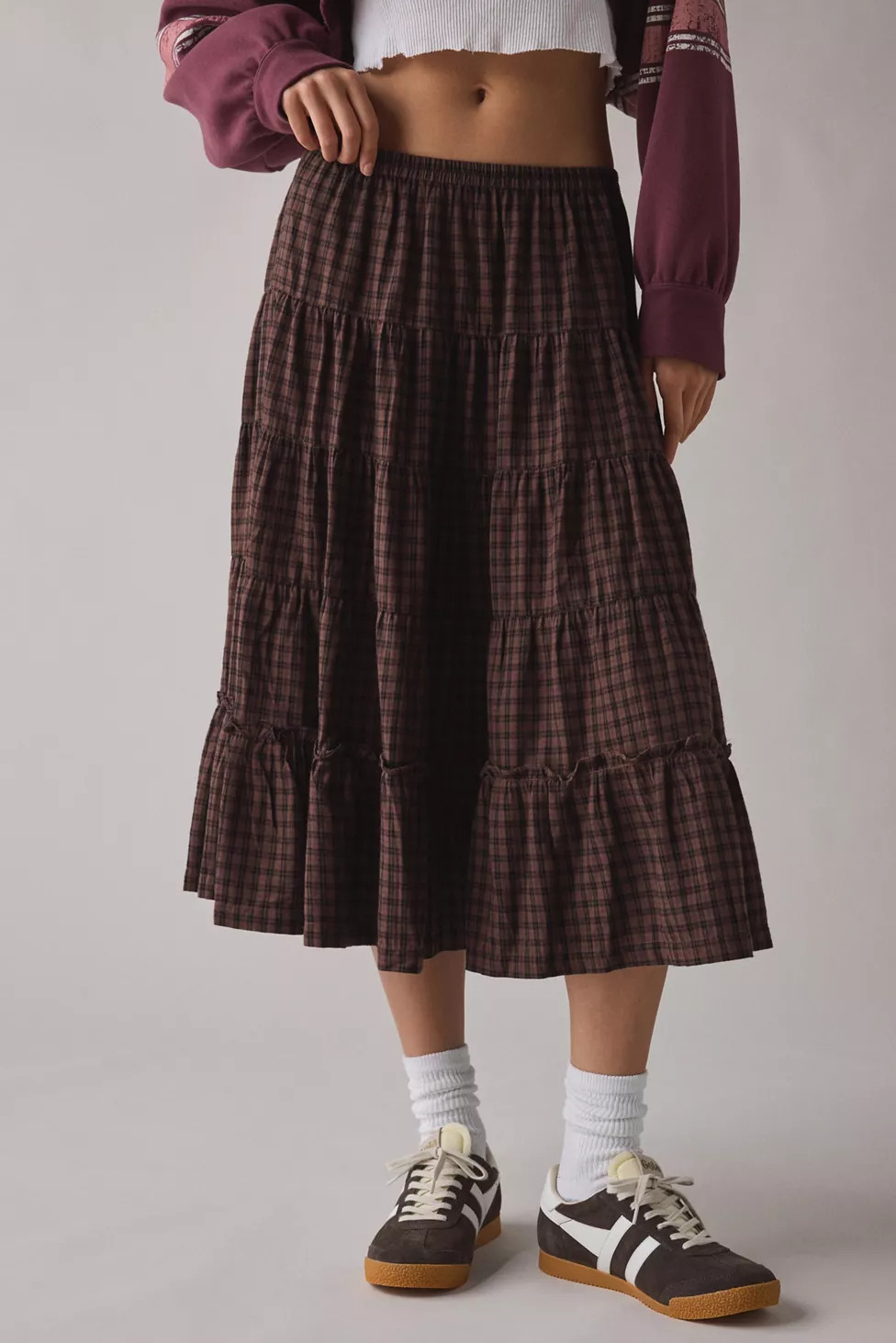 Kimchi Blue Betty Brown Plaid Tiered Midi Skirt | Urban Outfitters (US and RoW)
