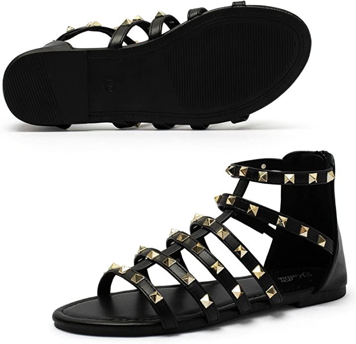 katliu Women's Gladiator Sandal Flat Strap Sandals Two Ankle Buckle | Amazon (US)