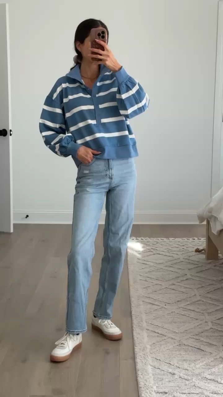 Casual everyday outfit with a striped pullover and classic straight leg jeans. Relaxed, comfortable fit that’s easy to wear for school drop off, errands, casual weekends, or travel days. Effortless mix of cozy and classic staples. Striped pullover, casual jeans outfit, everyday mom outfit, relaxed fit denim, casual fall outfit, easy everyday style, neutral casual wear, comfortable daily outfit.

#LTKSeasonal #LTKFindsUnder50 #LTKootd
