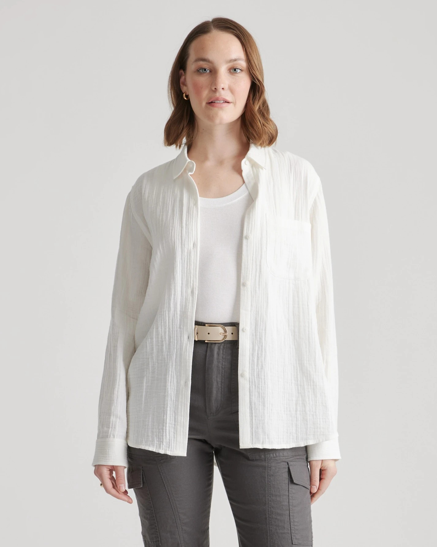 White 100% Organic Cotton Gauze Long Sleeve Shirt | Quince