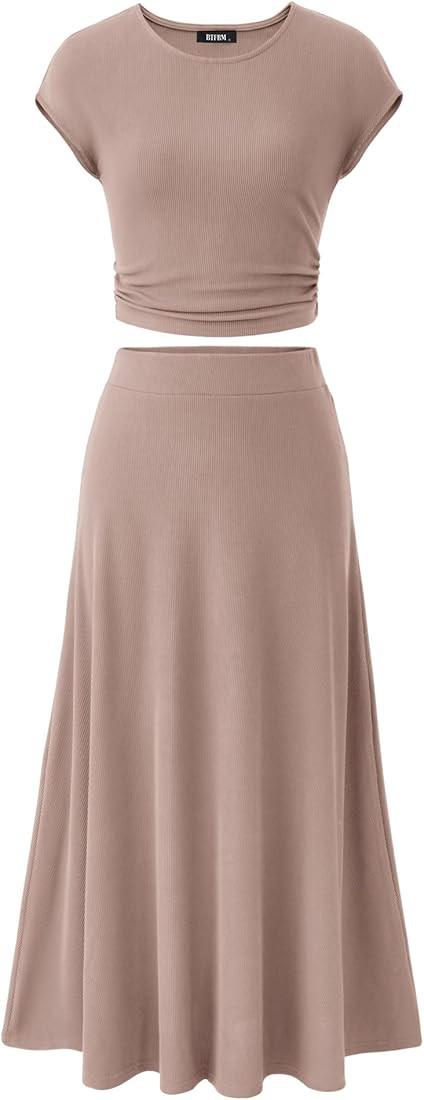 BTFBM Women Two Piece Skirt Set Casual Ribbed Knit Crew Neck Short Sleeve Cropped Top Elastic Wai... | Amazon (US)