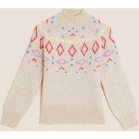 M&S Womens Fair Isle Funnel Neck Jumper with Wool - XS - Cream Mix, Cream Mix,Navy Mix | Marks & Spencer (UK)