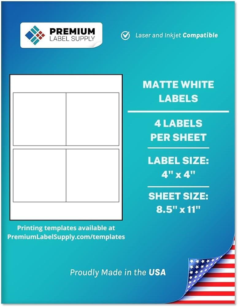 Premium Label Supply White Sticker Square Labels – 4" x 4" – Laser/Inkjet Compatible – (4 p... | Amazon (US)