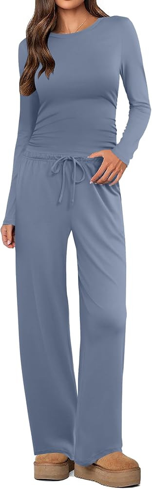 Casual Two Piece Outfit, Travel Ready Set, Fall Everyday Wear, Side Ruched Top, Drawstring Wide L... | Amazon (US)