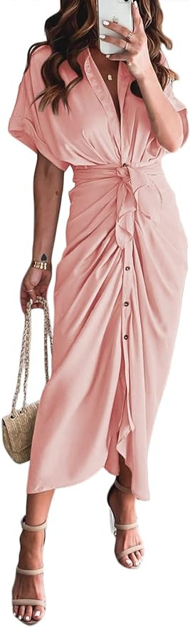 Women Elegant Satin Button Down Short Sleeve Maxi Shirt Dress with Belt | Amazon (US)