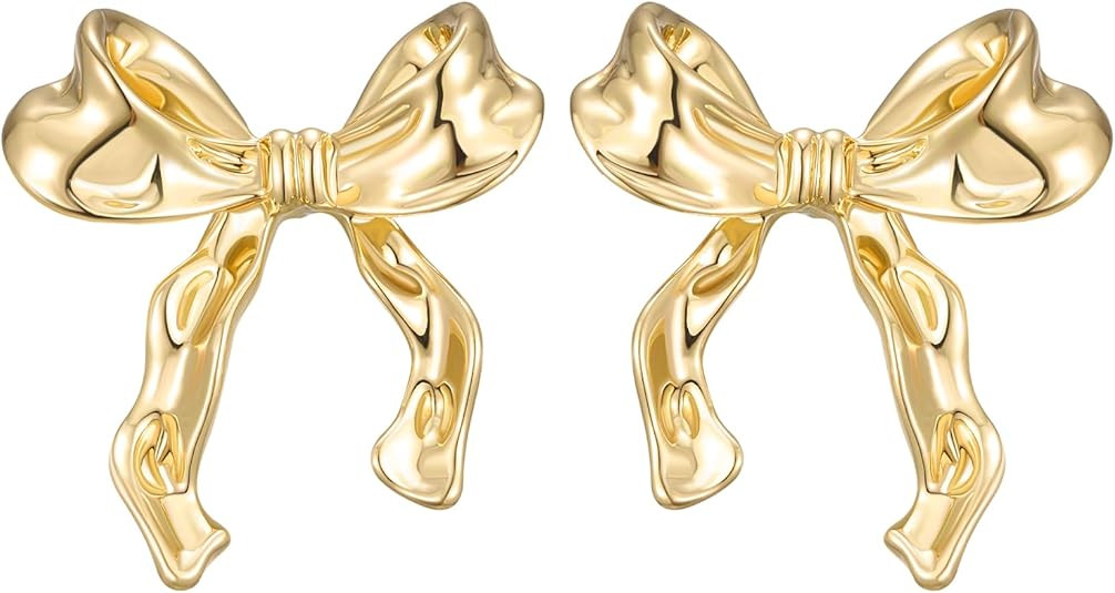SWEETV Gold/Silver Bow Earrings for Women, 925 Sterling Silver Post Ribbon Knot Stud Earrings Dro... | Amazon (US)