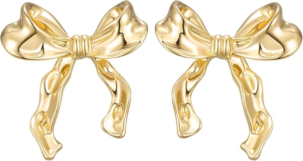 SWEETV Gold/Silver Bow Earrings for Women, 925 Sterling Silver Post Ribbon Knot Stud Earrings Dro... | Amazon (US)