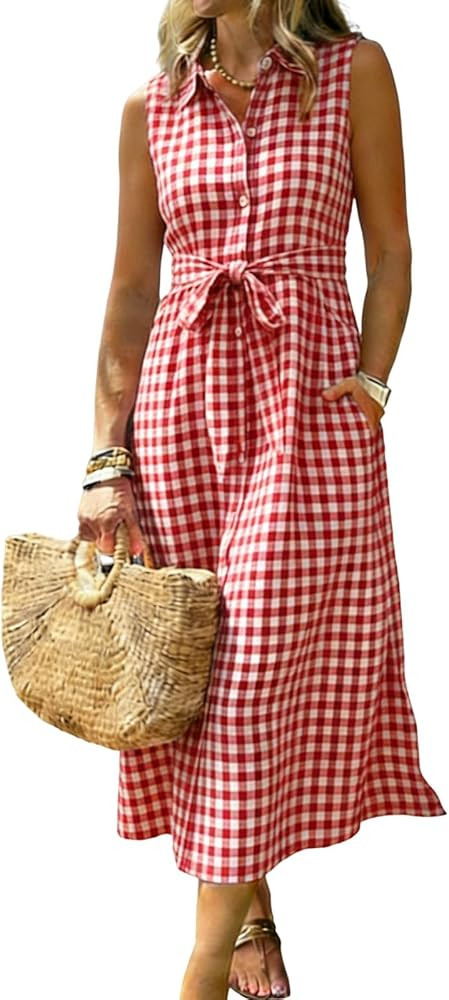 utcoco Womens 2026 Summer Casual Plaid Shirt Dress Tie Waist Sleeveless Button Down Dress with Po... | Amazon (US)