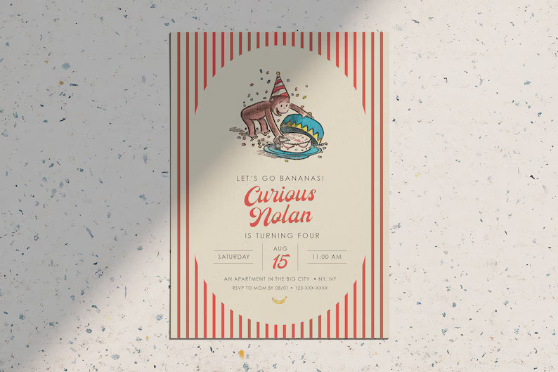 Curious George Happy Birthday Simple Modern Classic Vintage Birthday Party Invitation printable D... | Etsy (US)