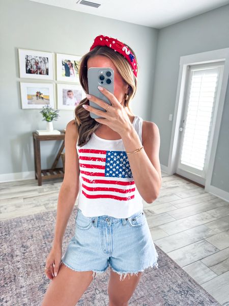 Amazon Fourth of July outfits. 4th of July. Abercrombie curve love 90s cutoff shorts in 24! My favorite denim shorts!! Amazon American flag tank top in XS. 4th of July headbands. Summer outfits. Vacation outfits. Casual outfit. 

#LTKTravel #LTKFindsUnder50 #LTKSwim