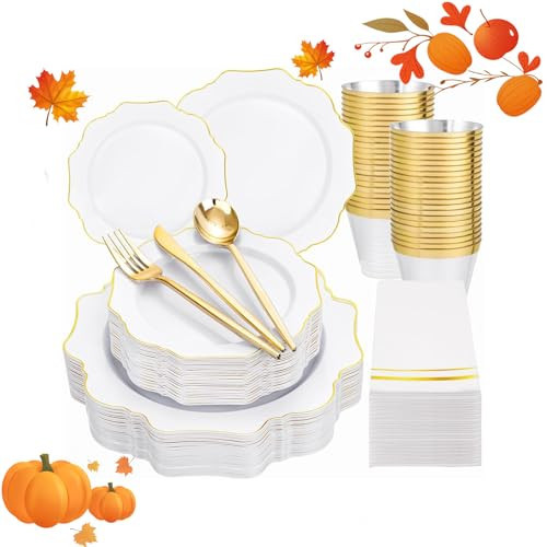WDF 175Pcs Gold Plates Disposable - White and Gold Plastic Plates 25guest Plastic Dinnerware Ideal for Party/Wedding/Banquets/Thanksgiving | Amazon (US)