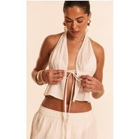 White Linen Look Front Tie Halter Neck Beach Top | PrettyLittleThing US