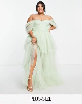 Lace & Beads Plus exclusive off shoulder tulle tiered maxi dress in sage green | ASOS (Global)