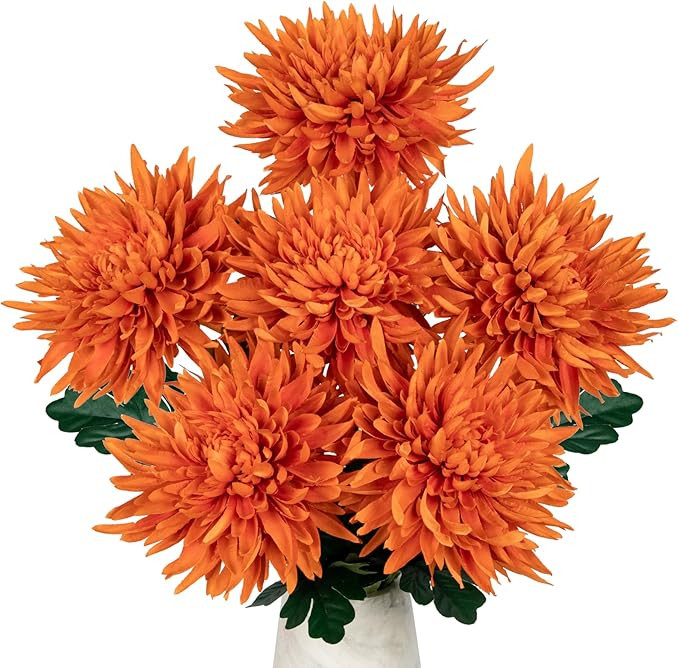Hollyone 6Pcs Orange Artificial Mums for Outdoors Fall Flowers Large Fall Mums Autumn Chrysanthem... | Amazon (US)