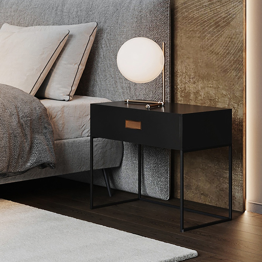 Modern Black Nightstand 1-Drawer Bedside Table High Metal Base | Homary