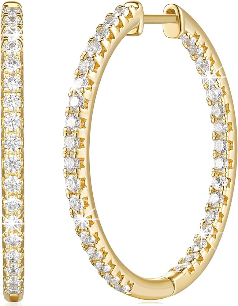 Gold Hoop Earrings 14K Gold Hoop Earrings for Women 14K Gold Earrings for Women Inlaid with Circl... | Amazon (US)