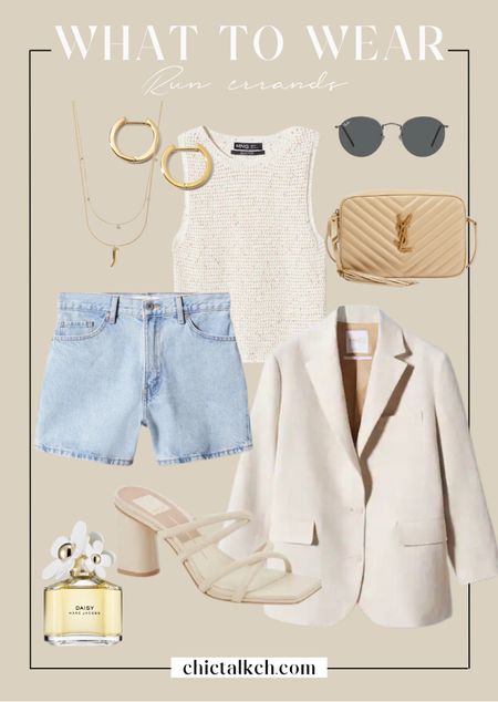 An easy and chic way to wear denim shorts right now! 
Mango, linen blazer, denim shorts, jean shorts, strappy sandals, knitted top, gold earrings, gold jewelry, gold accents 

#LTKSeasonal #LTKitbag #LTKsalealert