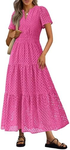 PRETTYGARDEN Womens 2026 Summer Maxi Dress Short Sleeve V Neck Hollow Out Eyelet A Line Long Flow... | Amazon (US)