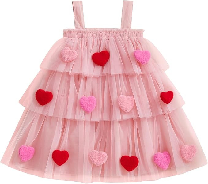 Toddler Baby Girl Valentines Day Outfit 3D Plush Heart Sleeveless Layered Tulle Tutu Dress Suspen... | Amazon (US)