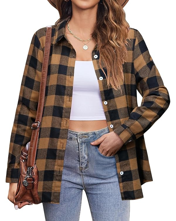 Zeagoo Flannel Shirt Women Button Down Long Sleeve Plaid Shirts Collared 2024 Casual Work Tops S-... | Amazon (US)