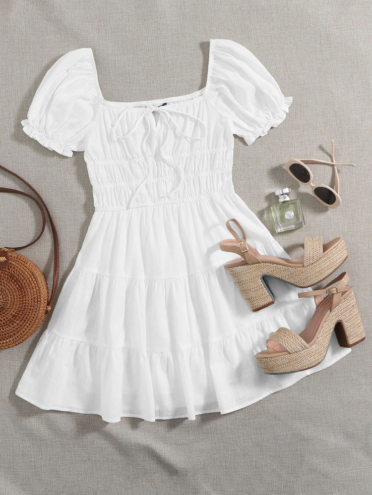 SHEIN Plus Scoop Neck Puff Sleeve Ruffle Hem Dress | SHEIN