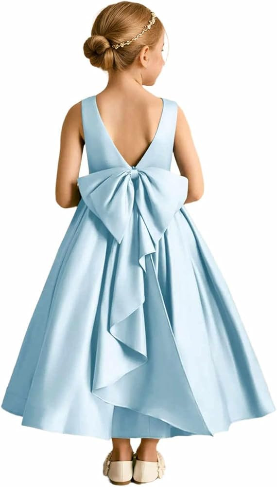 Long Bow Flower Girl Dress Wedding Pleated Satin Party Birthday Dresses Princess Pageant Ball Gow... | Amazon (US)