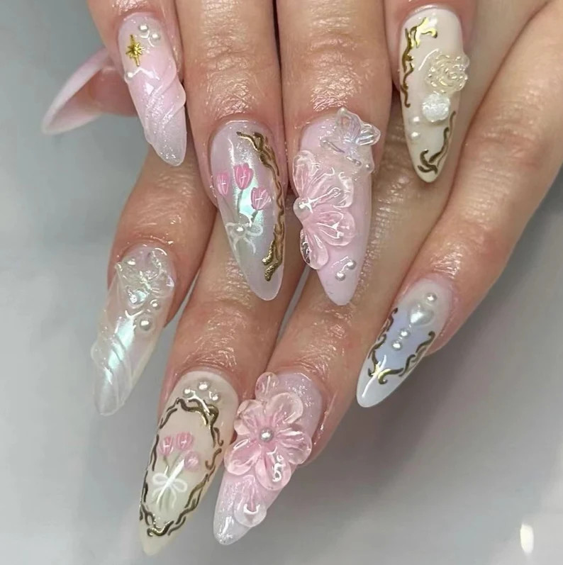 3D Flower Press On Nails: Custom Gel Faux Acrylic Nails | Etsy (US)