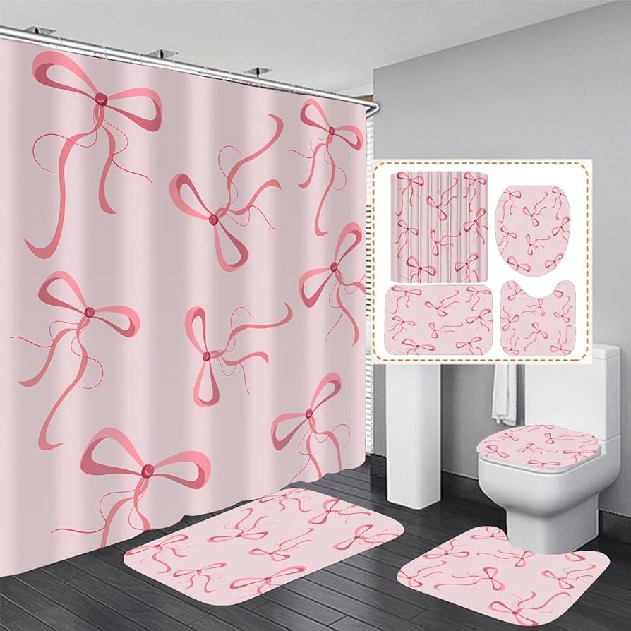 AZHM 4Pcs Pink Bow Shower Curtain Set Cute Bathroom Shower Curtains with 12 Hooks Bow Knot Aesthe... | Amazon (US)