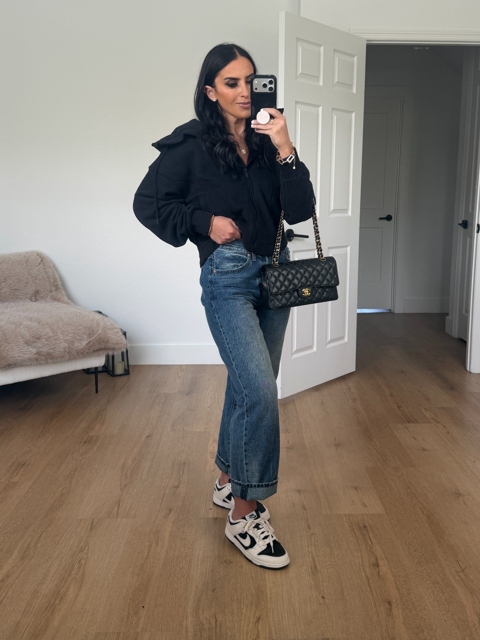 Boost Up Cotton Fleece Full Zip Hoodie - I’m wearing a size Small.

Pistola Crop Barrell Jeans - I’m wearing a size 27.
