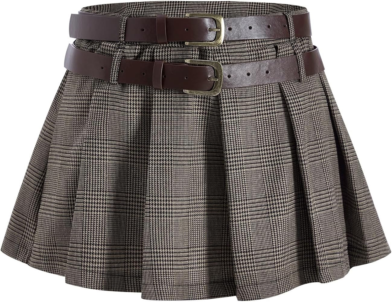 Women's Pleated Mini Skirt Y2k Plaid Belted Low Rise Cute Going Out Skirts | Amazon (US)