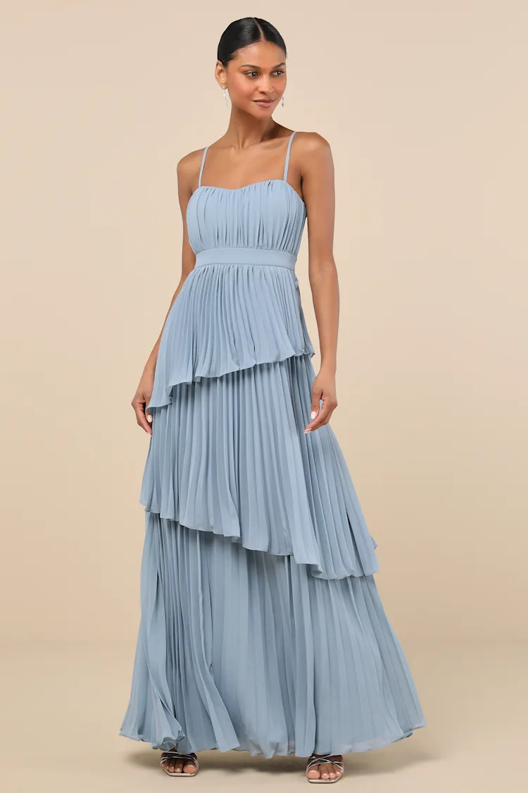Jehona Dusty Blue Pleated Tiered Maxi Dress | Lulus