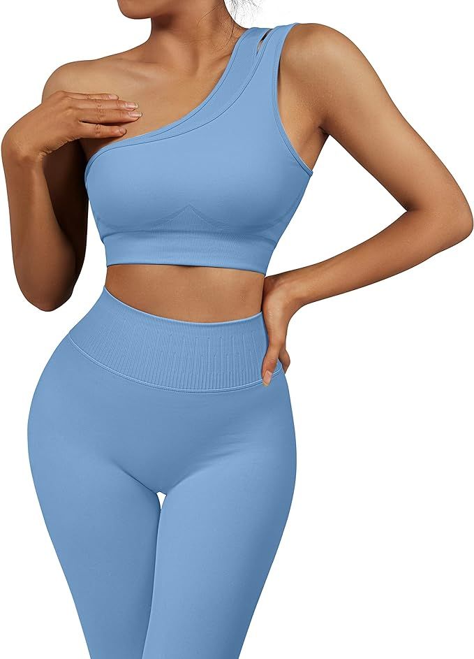 OMKAGI Workout Set for Women 2 Piece Seamless One Shoulder Sports Bra Scrunch Butt Lifting leggin... | Amazon (US)