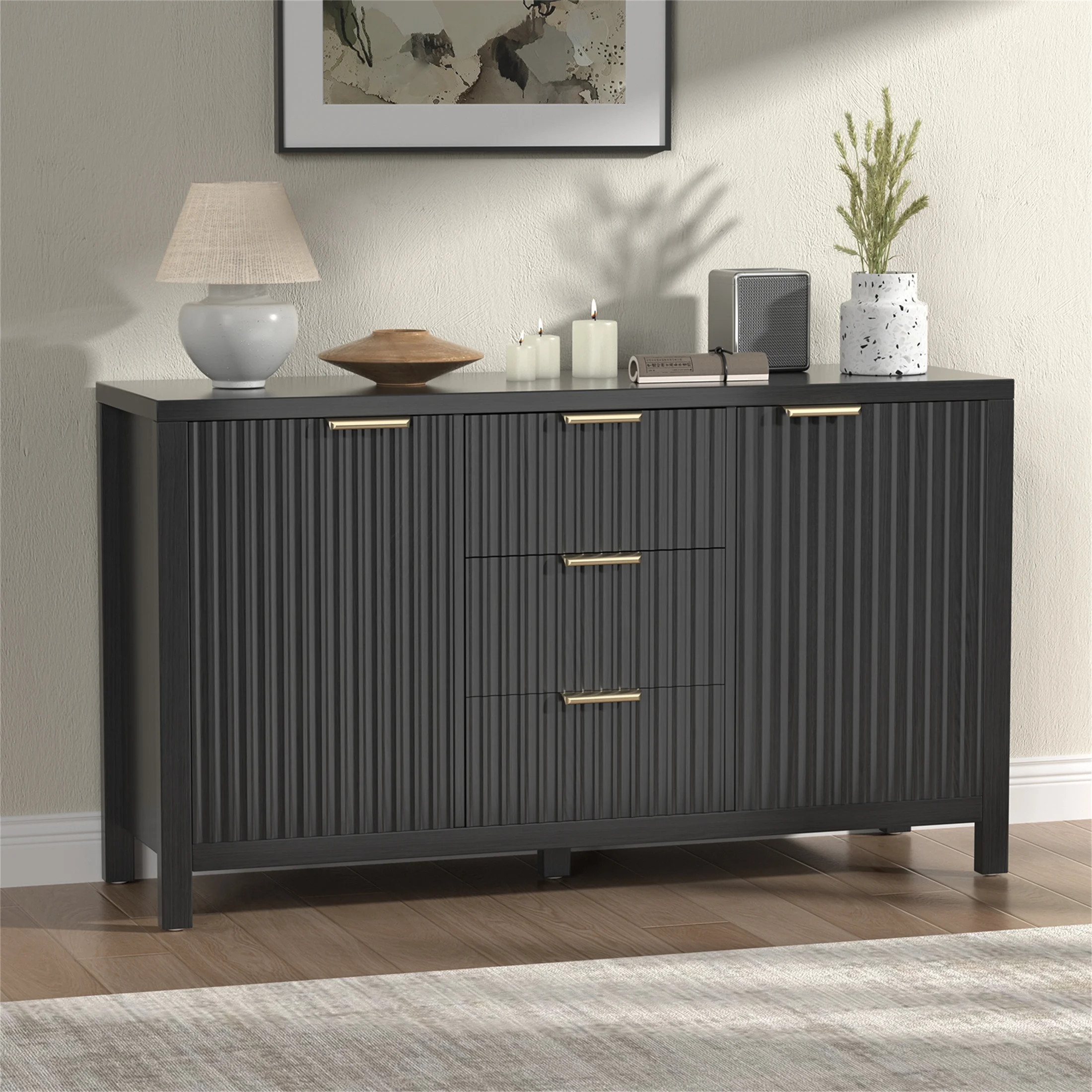 Yeahumalia Fluted Modern Sideboard with 3 Drawers, MDF Black | Walmart (US)