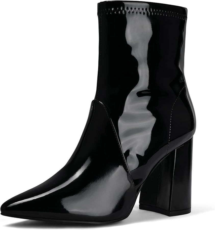 mysoft Women's GoGo Boots Mid Calf Block Heel Ankle Boots Pointed Toe Patent Leather Side Zipper ... | Amazon (US)