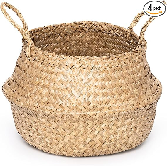 GOODSDECO Seagrass Plant Basket, Seaweed Basket for Plant Pot, Hand Woven Belly Basket with Handl... | Amazon (US)
