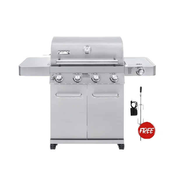 Monument Grills 17842: 4-Burner Propane Gas Grill with Rotisserie Kit, Side Burner, LED Controls,... | Wayfair North America