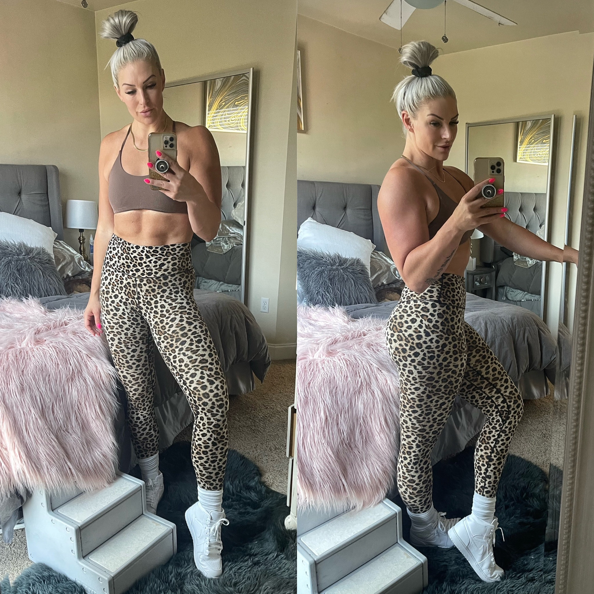 Workout OOTD ! Leggings and sports bra are from Amazon and such a good deal! Love the leopard 🐆. 

Wearing a L in sports bra and medium in leggings 🤍🤎🖤

#LTKstyletip #LTKshoecrush #LTKFitness