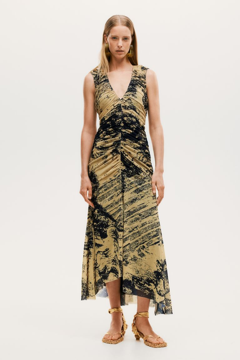 Patterned mesh dress - V-neck - Sleeveless - Pastel yellow/Patterned - Ladies | H&M GB | H&M (UK, MY, IN, SG, PH, TW, HK)