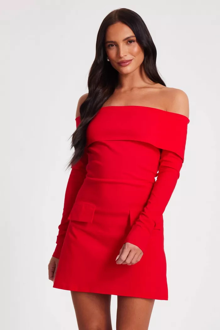 Red Bardot Long Sleeve Mini Dress | Boohoo.com (UK & IE)