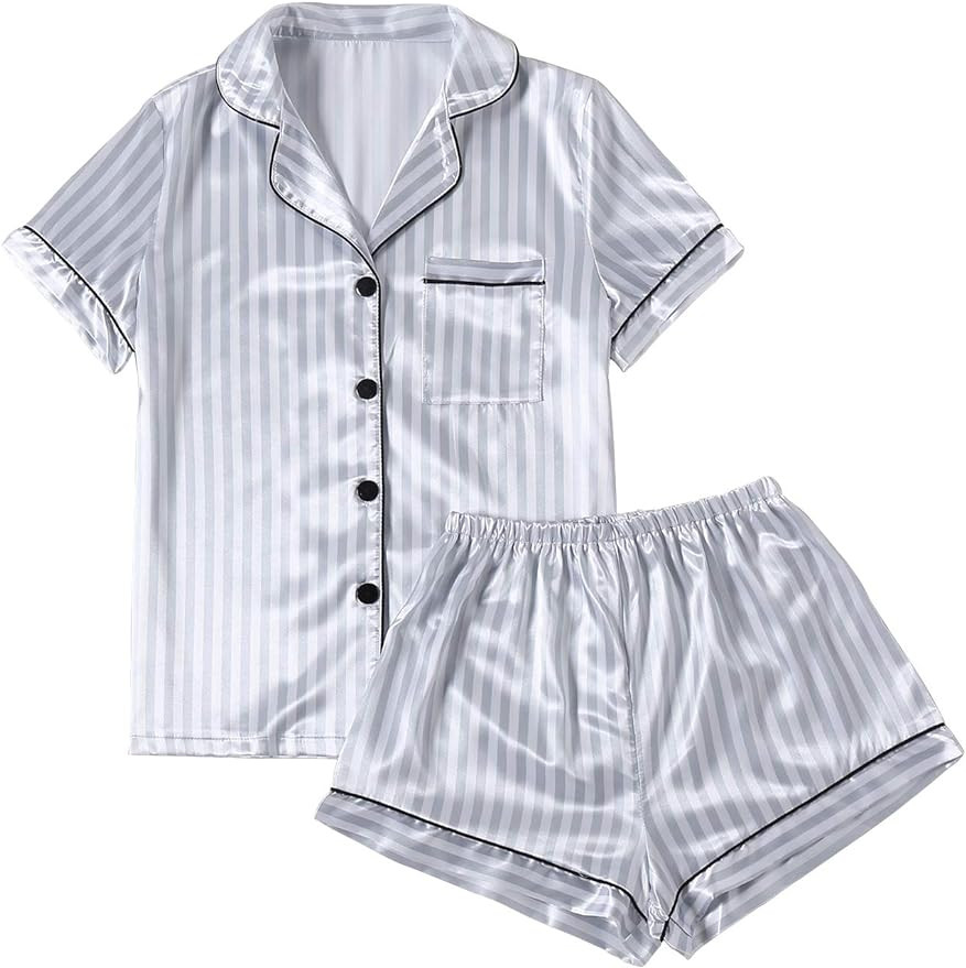 LYANER Women's Striped Silky Satin Pajamas Short Sleeve Top with Shorts Sleepwear PJ Set | Amazon (US)