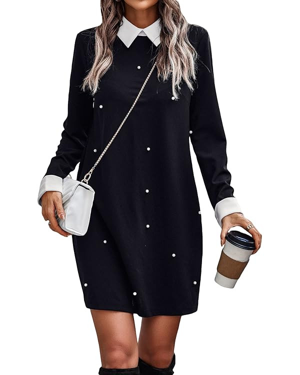 SOLY HUX Women's Contrast Collar Long Sleeve Pearls Beaded Tunic Dress Mini Dresses | Amazon (US)