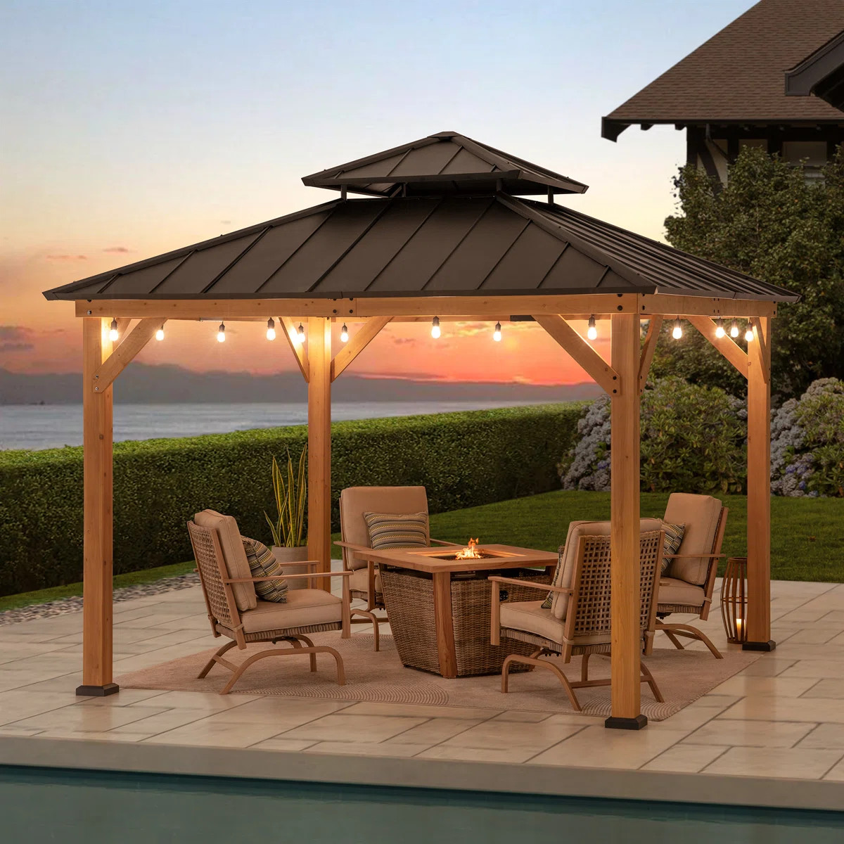 Sunjoy 11 x 11 ft. Wood Gazebo Standard Cedar Framed Gazebos with Black Double Steel Hardtop Roof... | Wayfair North America
