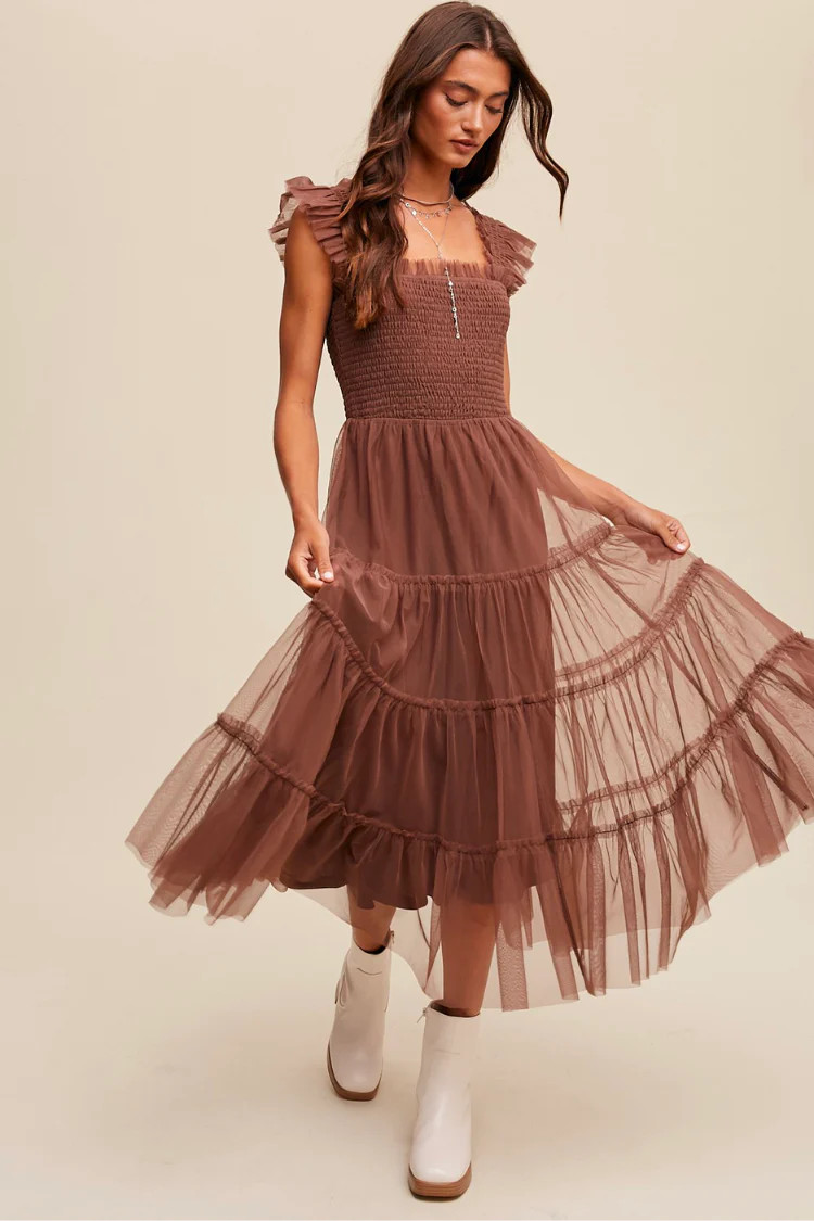 Fiori Short Mocha Tulle Tiered Midi Dress | Confête