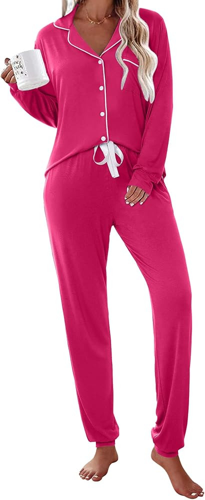 Ekouaer Pajamas Set Long Sleeve Sleepwear Womens Button Down Nightwear Soft Pj Loungewear with Po... | Amazon (US)
