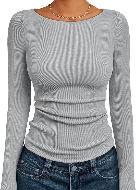 Trendy Queen Womens Long Sleeve Shirts Ribbed Underscrub Tops Boat Neck Basic Tees Fall Fashion C... | Amazon (US)