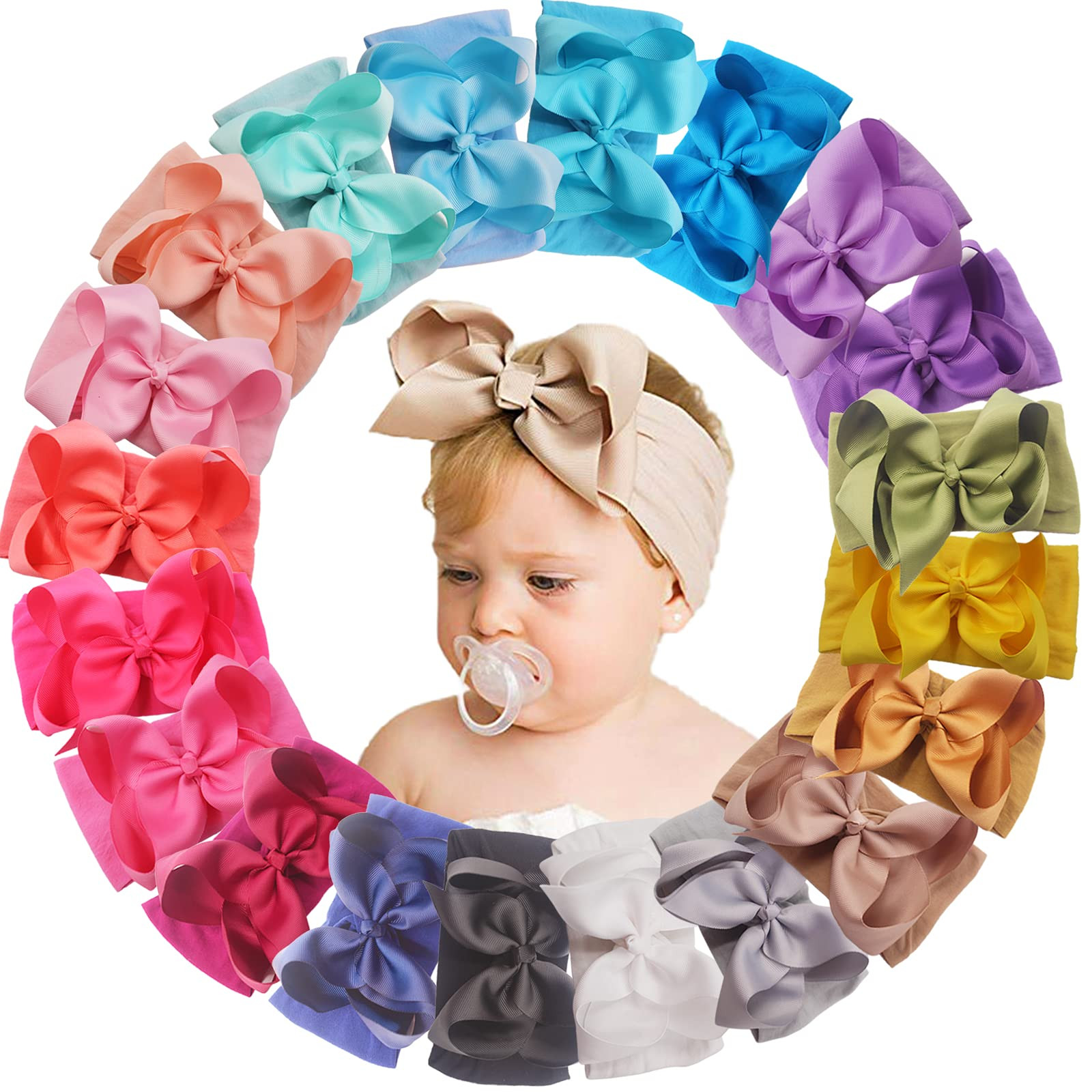 Yxiang 20pcs Baby Headbands with 6" Big Elastics Nylon Ribbon Bows Hair Accessories for Newborns,... | Amazon (US)
