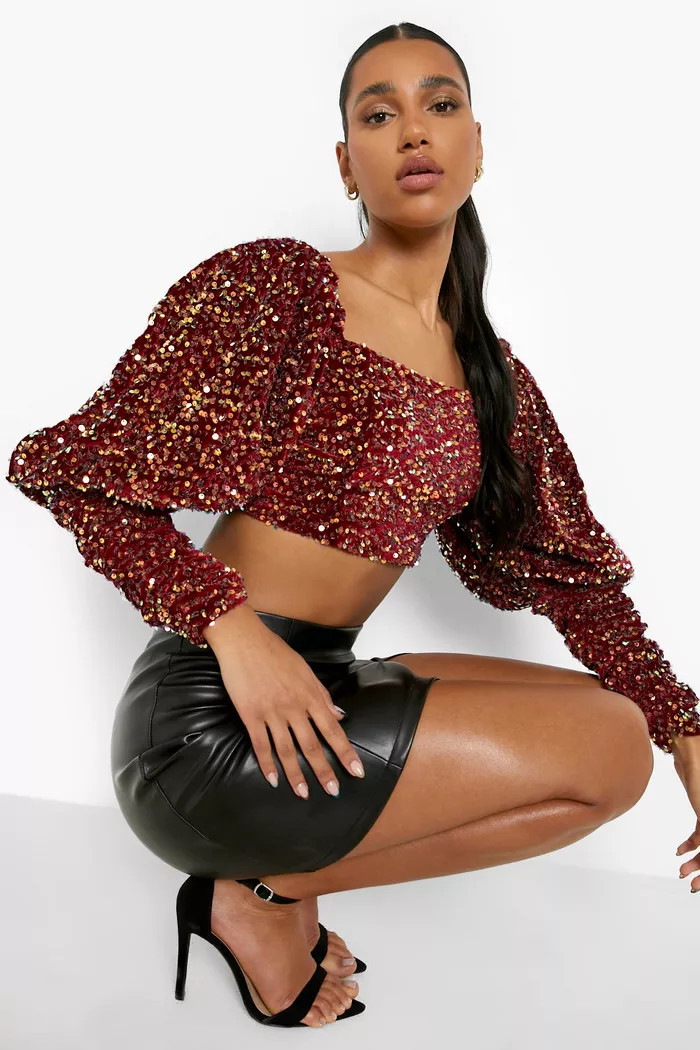 Burgundy Velvet Sequin Volume Sleeve Top | Boohoo.com (UK & IE)